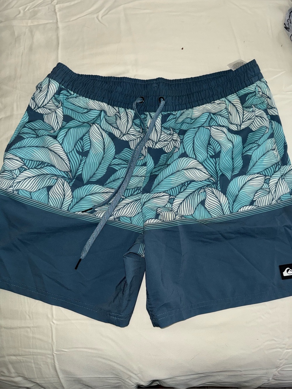 Quiksilver Teal and Navy Leaf-Print Swim Board Shorts